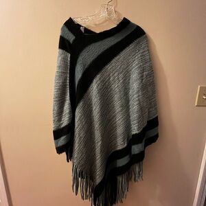 Black and Gray Knit Poncho Shrug with Fringe